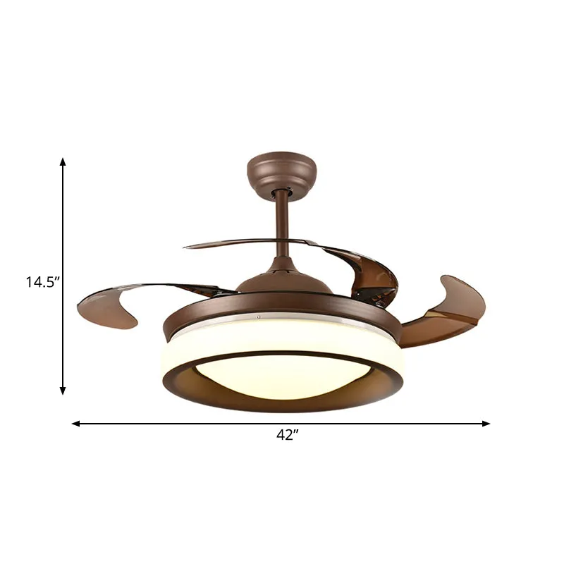 Koffie ronde hangende ventilatorlamp modernisme metaal 42" W LED woonkamer semi-inbouwlamp met 4 bruine bladen Clearhalo