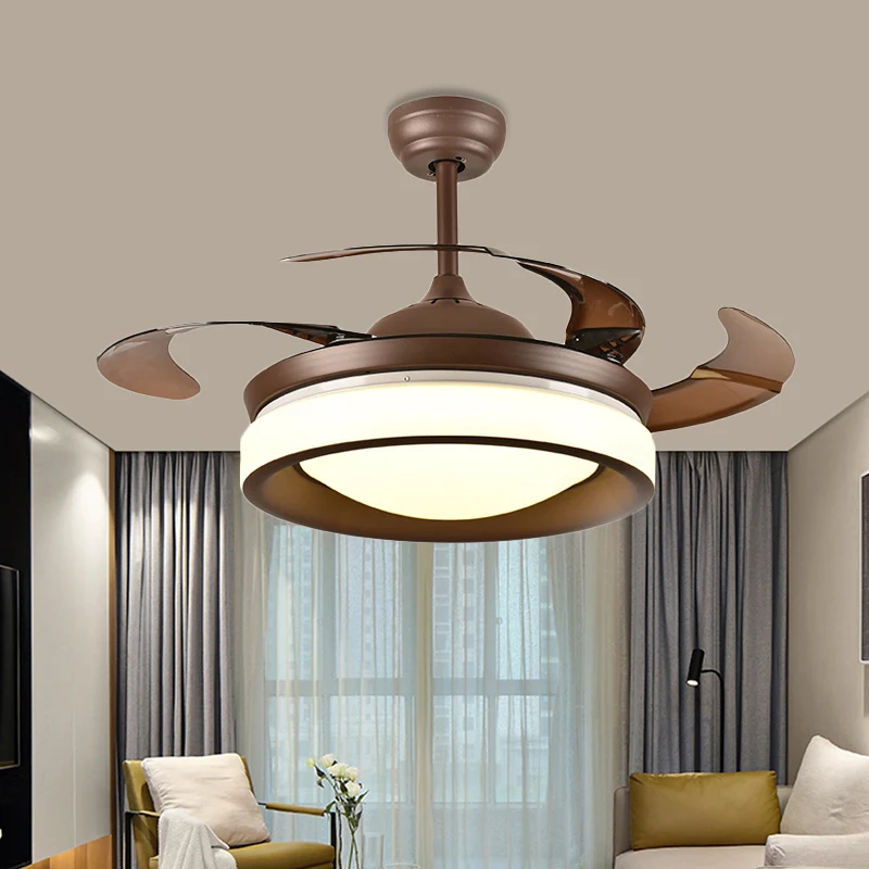 Koffie ronde hangende ventilatorlamp modernisme metaal 42" W LED woonkamer semi-inbouwlamp met 4 bruine bladen Clearhalo