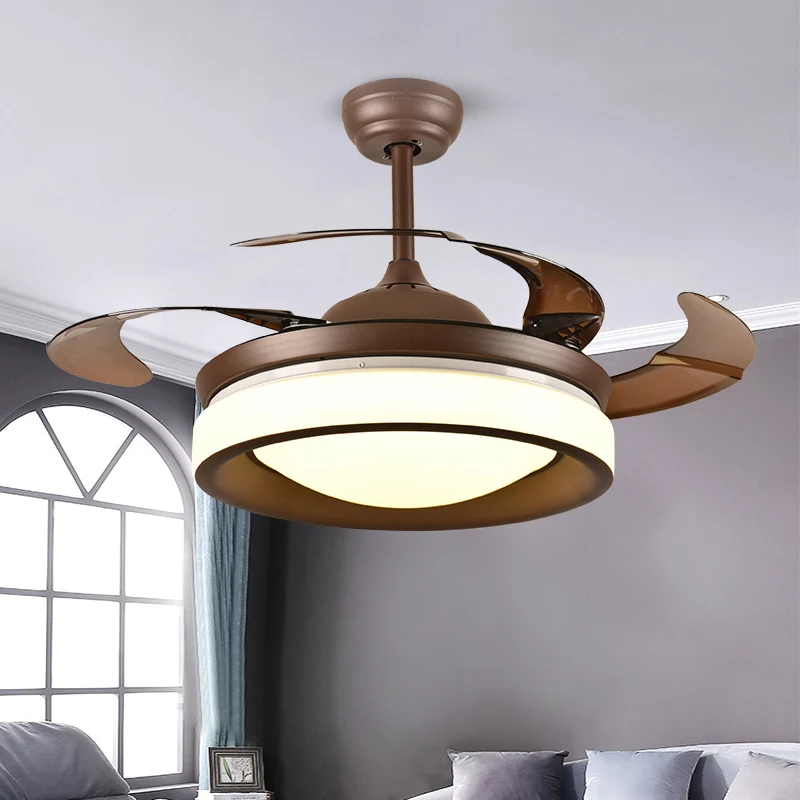 Koffie ronde hangende ventilatorlamp modernisme metaal 42" W LED woonkamer semi-inbouwlamp met 4 bruine bladen Clearhalo