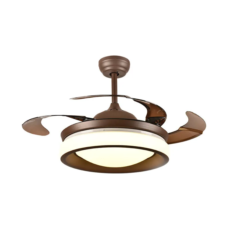 Koffie ronde hangende ventilatorlamp modernisme metaal 42" W LED woonkamer semi-inbouwlamp met 4 bruine bladen Clearhalo
