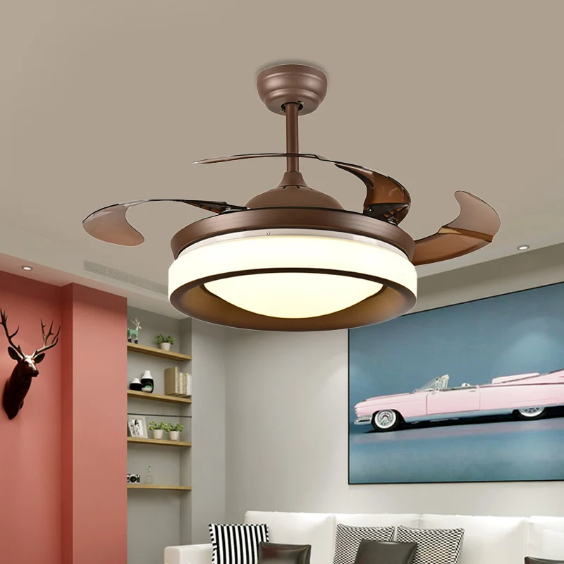 Koffie ronde hangende ventilatorlamp modernisme metaal 42" W LED woonkamer semi-inbouwlamp met 4 bruine bladen Clearhalo