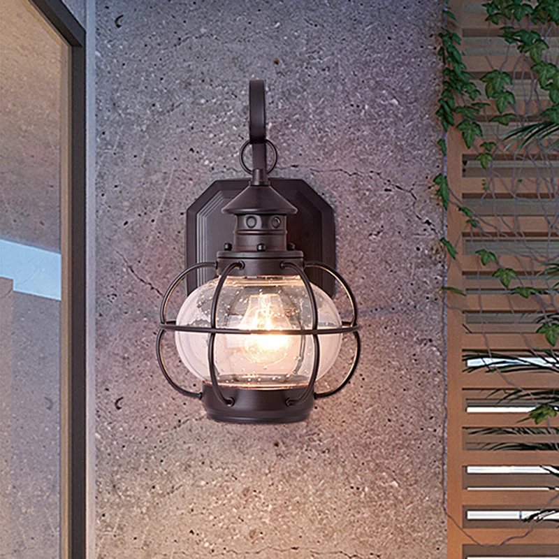 Koffie/Bronzen Lantaarn Wandlamp Retro Wit/Helder Glas 1 Kops Buiten Wandverlichting met Draadkooi Clearhalo