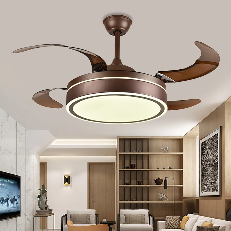 Koffiering plafondventilator licht minimalisme acryl LED woonkamer semi-gemonteerde verlichting met 4 bruine bladen, 42 "b...
