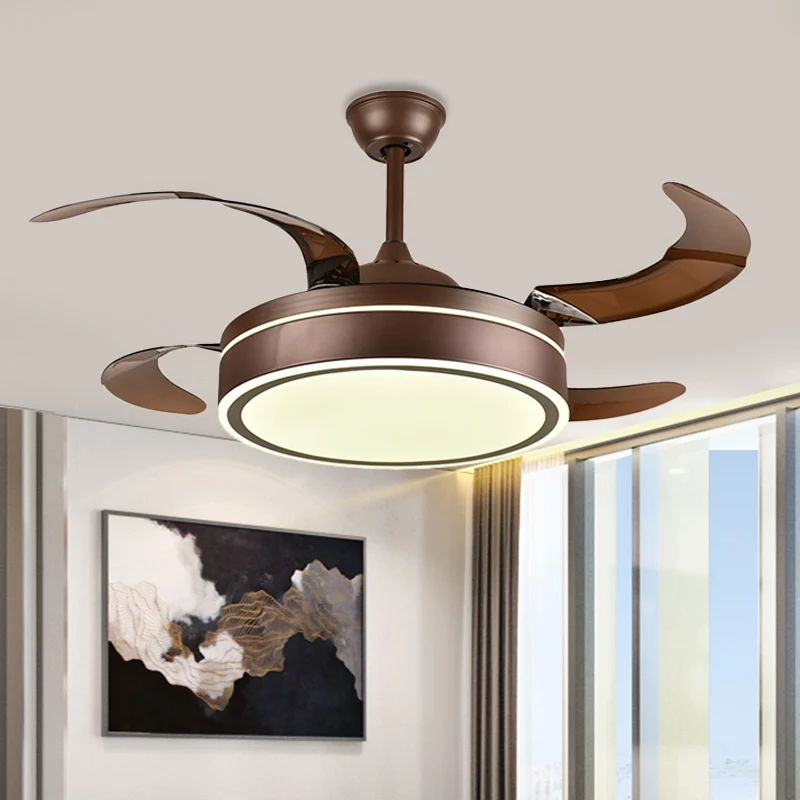 Koffiering plafondventilator licht minimalisme acryl LED woonkamer semi-gemonteerde verlichting met 4 bruine bladen, 42 "b...