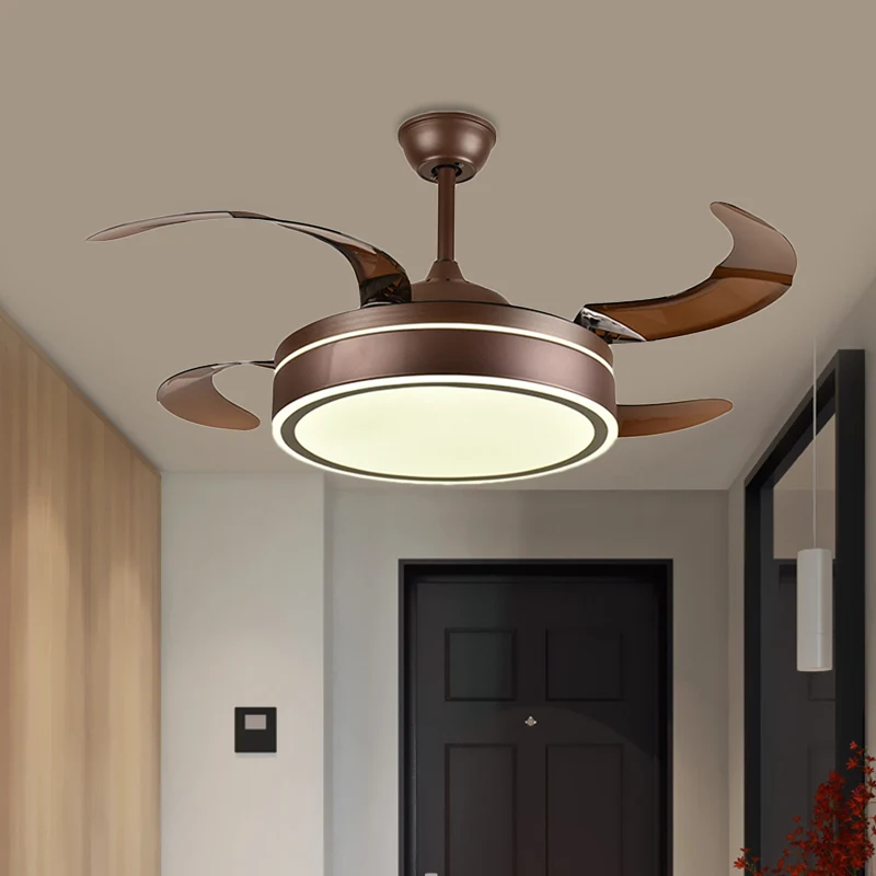 Koffiering plafondventilator licht minimalisme acryl LED woonkamer semi-gemonteerde verlichting met 4 bruine bladen, 42 "b...