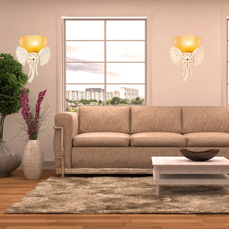Koloniale kom wandmontage verlichting amberkleurig glas 1 kop wandlamp met wit/gouden olifantsneus naar links/rechts Clear...