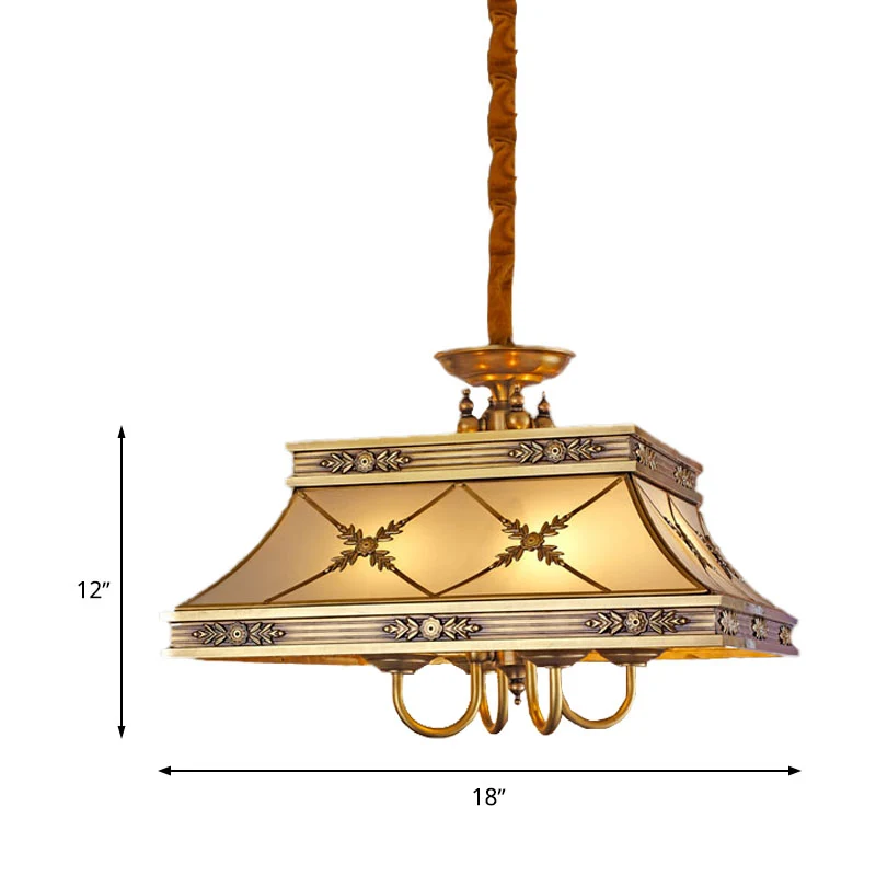Koloniale trapeziumvormige hangende hanger 4 koppen gezandstraalde glazen kroonluchter verlichtingsarmatuur messing Clearhalo