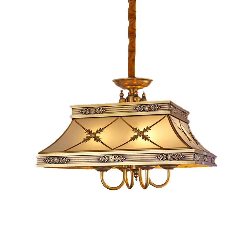 Koloniale trapeziumvormige hangende hanger 4 koppen gezandstraalde glazen kroonluchter verlichtingsarmatuur messing Clearhalo