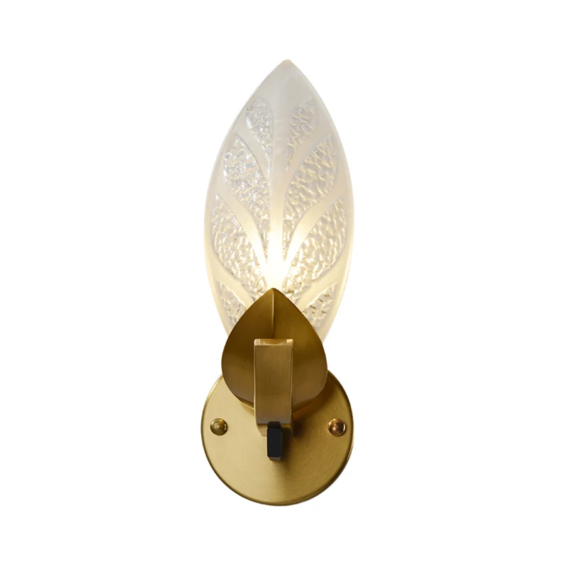 Kolonialistische bladvormige wandlamp 1 lamp, mat getextureerd glas, wandgemonteerde verlichting goud Clearhalo