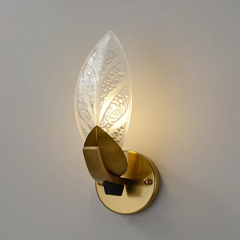 Kolonialistische bladvormige wandlamp 1 lamp, mat getextureerd glas, wandgemonteerde verlichting goud Clearhalo