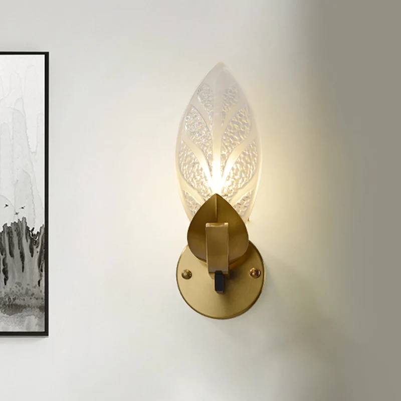 Kolonialistische bladvormige wandlamp 1 lamp, mat getextureerd glas, wandgemonteerde verlichting goud Clearhalo