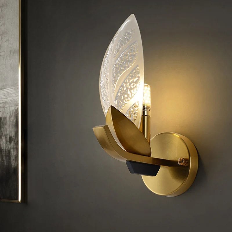 Kolonialistische bladvormige wandlamp 1 lamp, mat getextureerd glas, wandgemonteerde verlichting goud Clearhalo