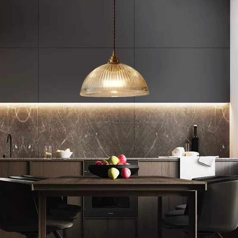 Kom geribbeld glas schaduwrijke hanglamp Eenvoud Messing Mini hanglamp voor eetkamer Clearhalo