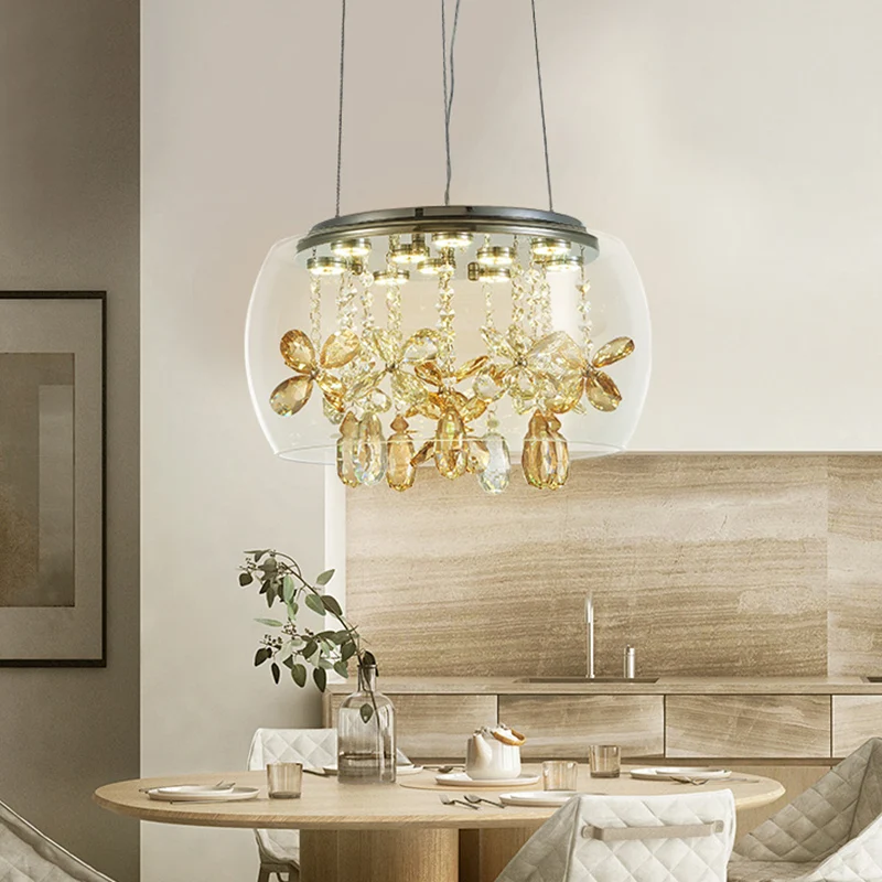 Kom helder glas down verlichting modernistische 14"/16" breedte LED zilveren kroonluchter met bungelende kristallen warm/w...