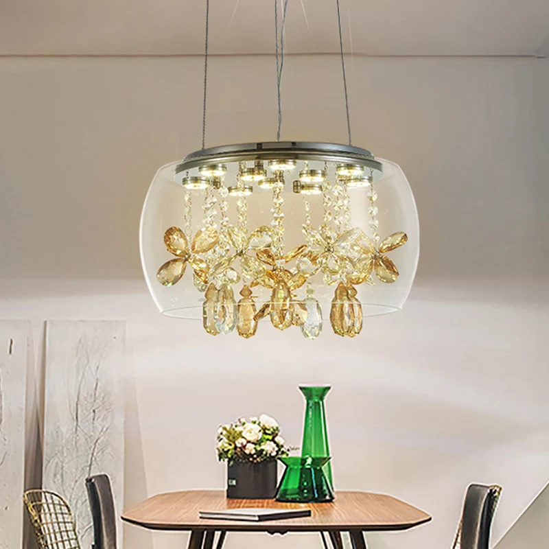 Kom helder glas down verlichting modernistische 14"/16" breedte LED zilveren kroonluchter met bungelende kristallen warm/w...