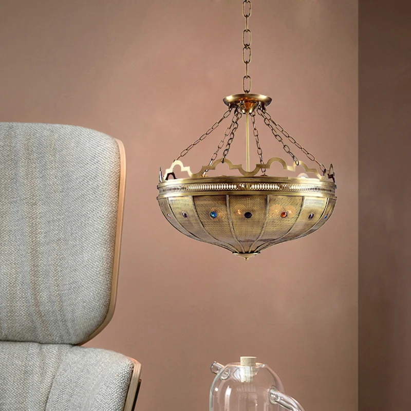 Kom Slaapkamer Kroonluchter Verlichting Arabisch Metaal 6 Lampen Messing Hangende Plafondlamp met Kraal Decor Clearhalo