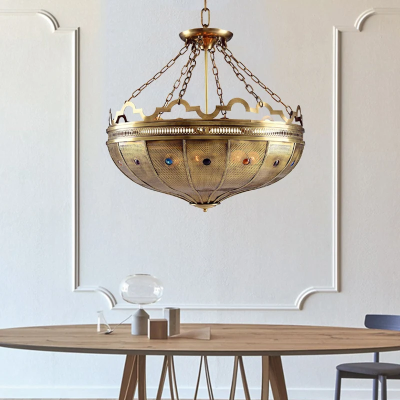 Kom Slaapkamer Kroonluchter Verlichting Arabisch Metaal 6 Lampen Messing Hangende Plafondlamp met Kraal Decor Clearhalo