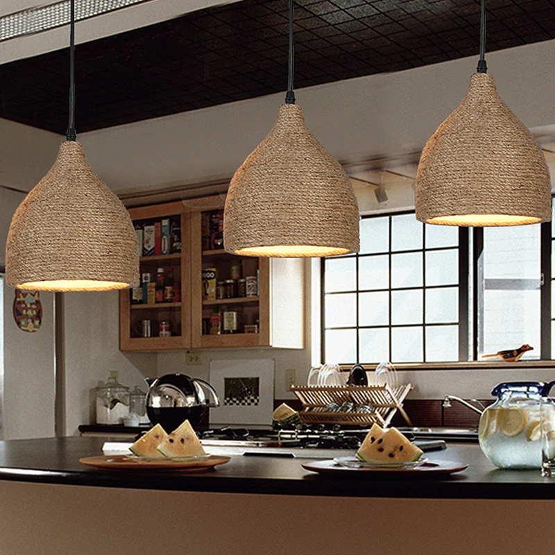 Komvormige eetkamer hangende lamp industriële touw beige hangende verlichtingsarmatuur Clearhalo