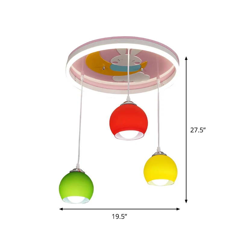 Konijnpatroon Cirkel Semi-inbouwlicht Cartoon Acryl 3-koppige roze plafondlamp met bungelende kleurrijke koepelschaduw Cle...
