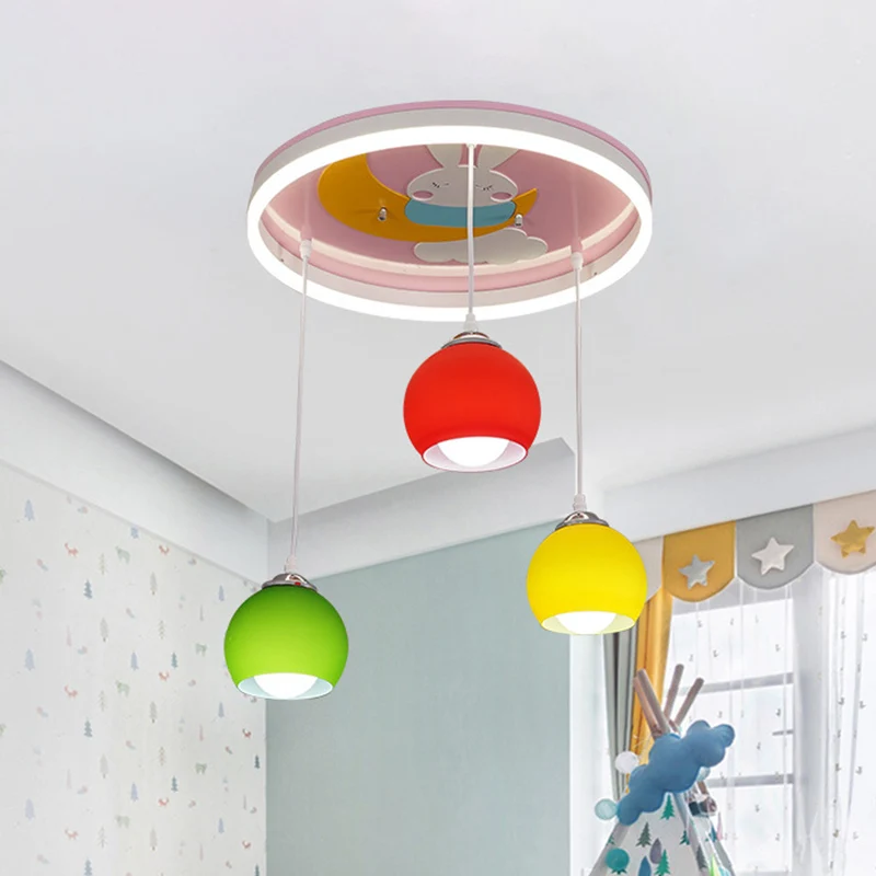 Konijnpatroon Cirkel Semi-inbouwlicht Cartoon Acryl 3-koppige roze plafondlamp met bungelende kleurrijke koepelschaduw Cle...