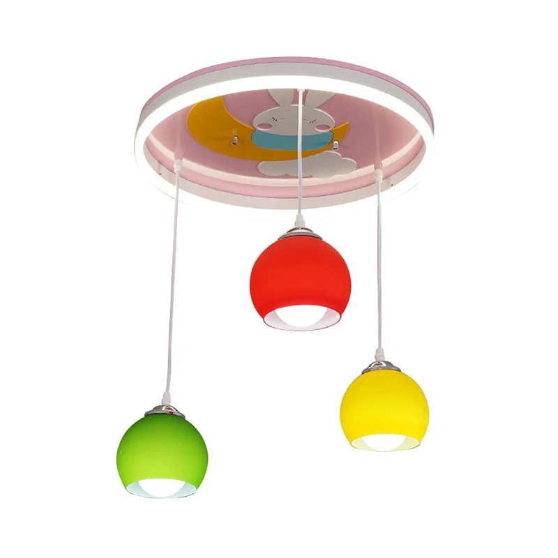 Konijnpatroon Cirkel Semi-inbouwlicht Cartoon Acryl 3-koppige roze plafondlamp met bungelende kleurrijke koepelschaduw Cle...