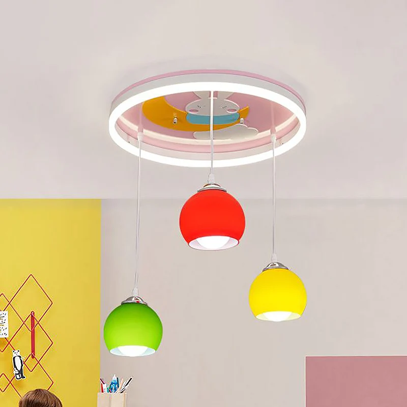 Konijnpatroon Cirkel Semi-inbouwlicht Cartoon Acryl 3-koppige roze plafondlamp met bungelende kleurrijke koepelschaduw Cle...