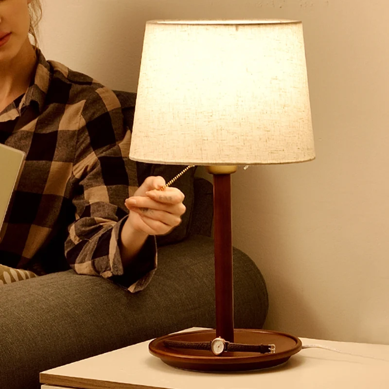 1 kop conische tafellamp modernistische stof kleine bureaulamp roodbruin/hout met trekketting Clearhalo