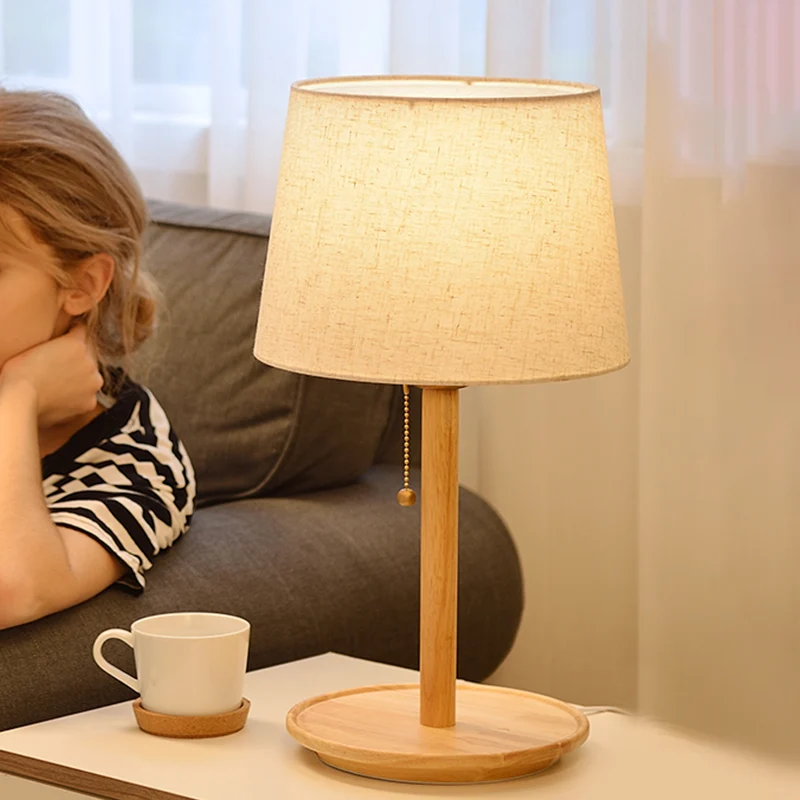1 kop conische tafellamp modernistische stof kleine bureaulamp roodbruin/hout met trekketting Clearhalo