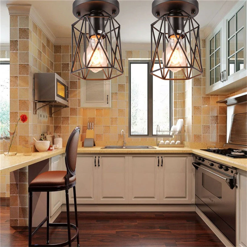 1 kop draadkooi semi-inbouw licht vintage stijl zwart metallic plafondmontage armatuur voor keuken Clearhalo