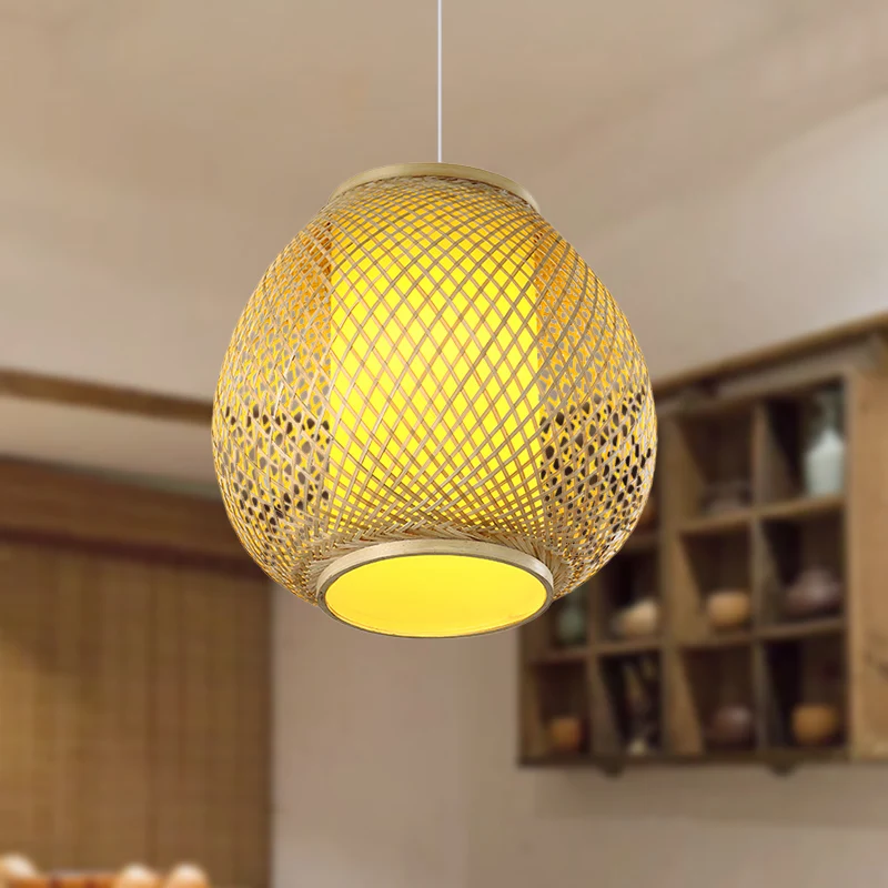 1 kop handgemaakte plafondlamp Chinese bamboe hanglampset beige met perkamenten lampenkap Clearhalo