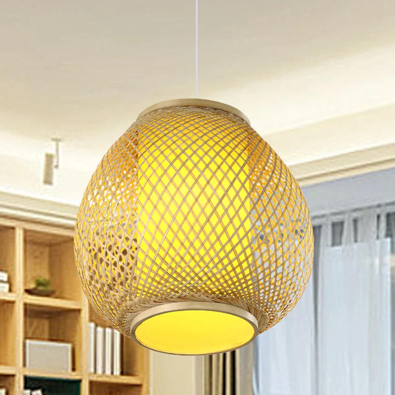 1 kop handgemaakte plafondlamp Chinese bamboe hanglampset beige met perkamenten lampenkap Clearhalo