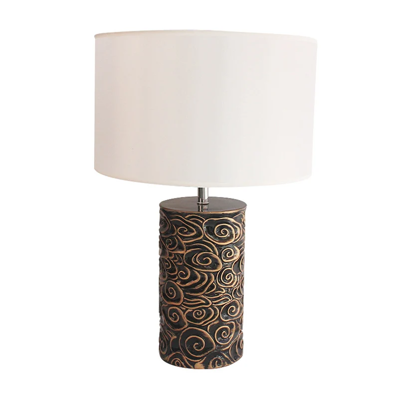 1 kop hars tafelverlichting vintage bronzen scroll-patroon pijler slaapkamer nachtlamp met ronde stoffen lampenkap Clearhalo