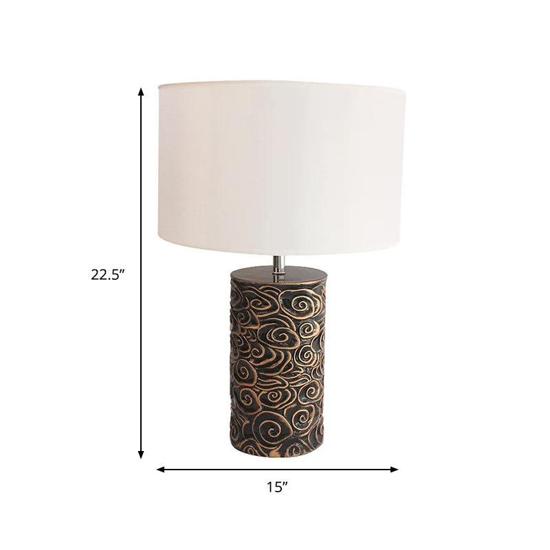 1 kop hars tafelverlichting vintage bronzen scroll-patroon pijler slaapkamer nachtlamp met ronde stoffen lampenkap Clearhalo