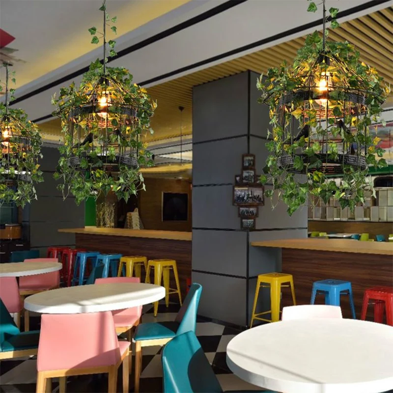 1 kop metalen hanglamp industriële zwarte vogelkooi hanglamp met bladdeco voor eetkamer Clearhalo