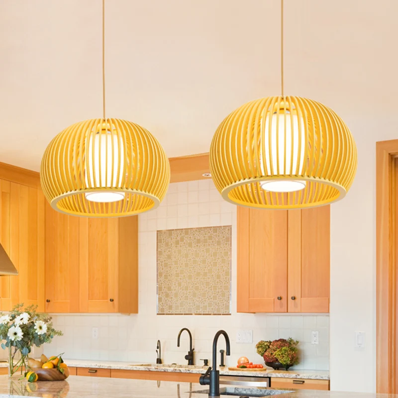 1 kop open keuken hanglamp Azië beige hanglamp met houten koepelkooi, 14/18 inch breed Clearhalo