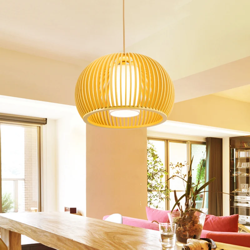 1 kop open keuken hanglamp Azië beige hanglamp met houten koepelkooi, 14/18 inch breed Clearhalo