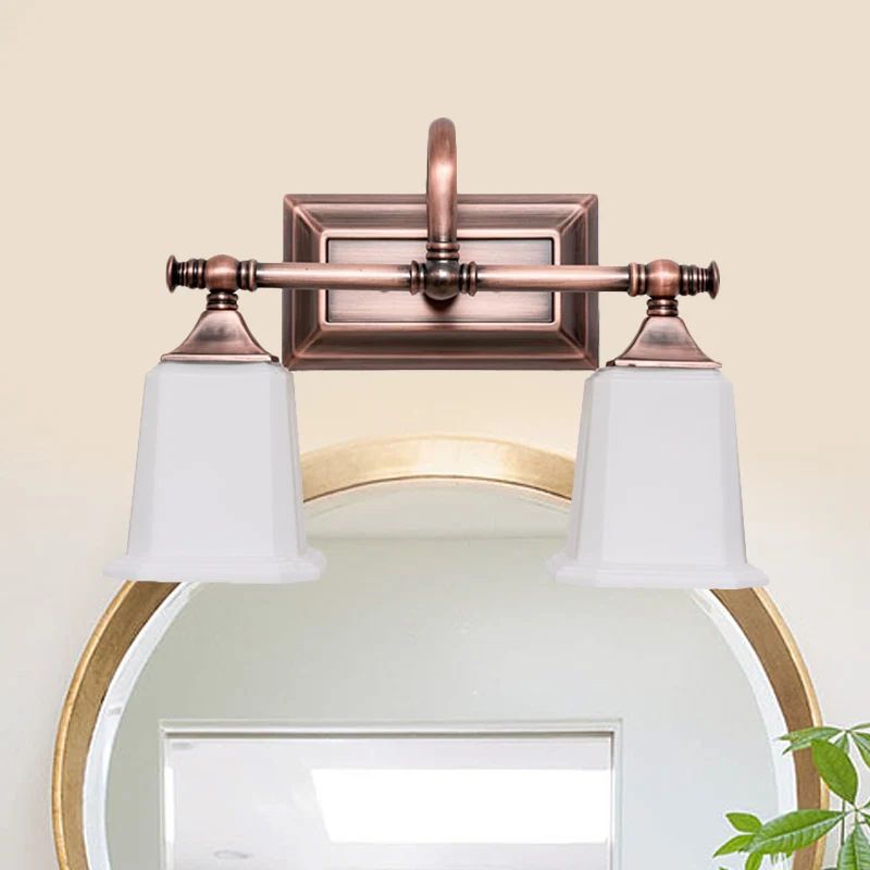 Koperen 2/3-kops ijdelheidslamp Traditionele ivoorkleurige glazen trapeziumvormige wandverlichting met draaiarm voor badka...