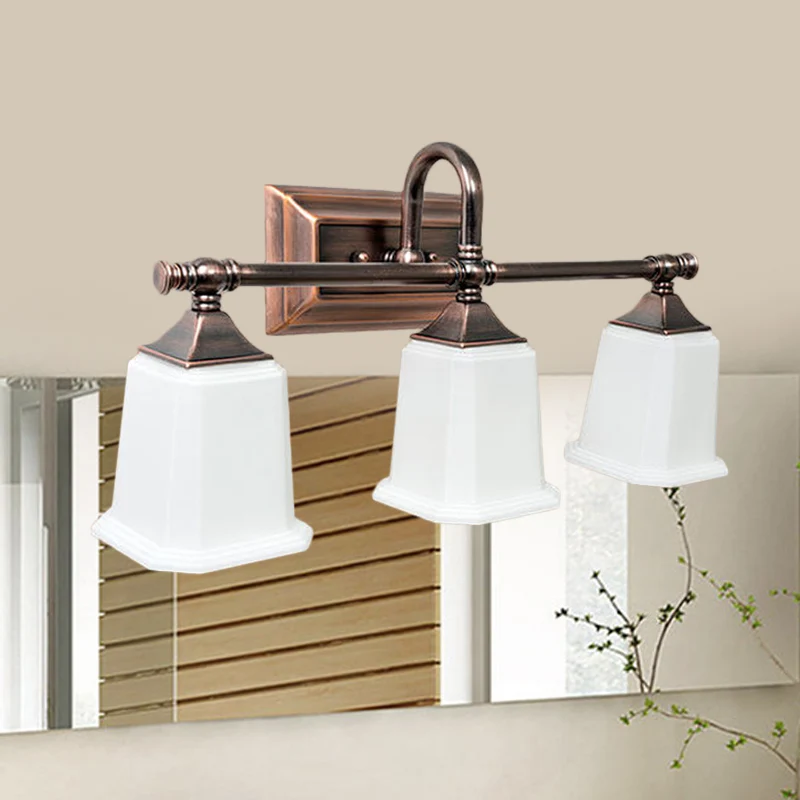 Koperen 2/3-kops ijdelheidslamp Traditionele ivoorkleurige glazen trapeziumvormige wandverlichting met draaiarm voor badka...