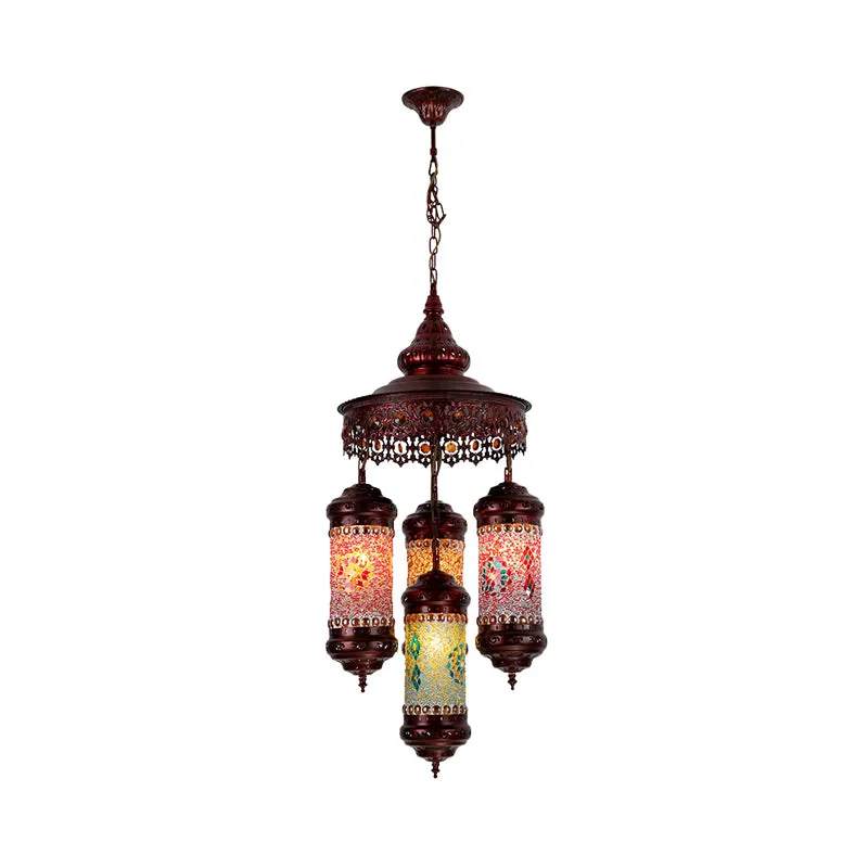 Koperen cilinder kroonluchter verlichting Art Deco glas--lood 4-lichts bar hangende hanglamp Clearhalo