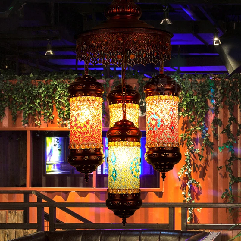 Koperen cilinder kroonluchter verlichting Art Deco glas--lood 4-lichts bar hangende hanglamp Clearhalo