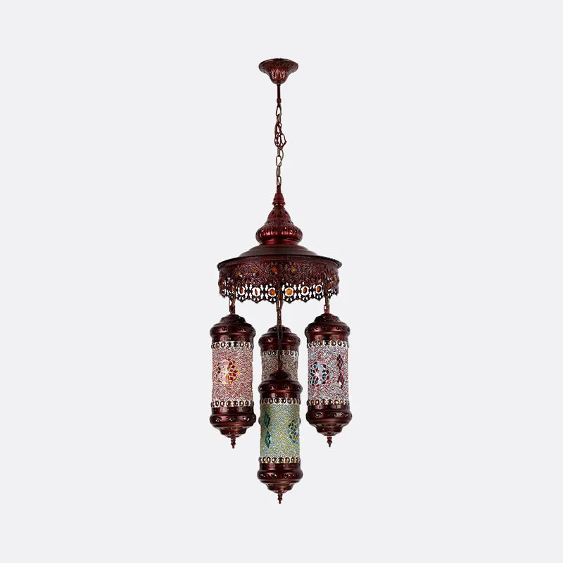 Koperen cilinder kroonluchter verlichting Art Deco glas--lood 4-lichts bar hangende hanglamp Clearhalo