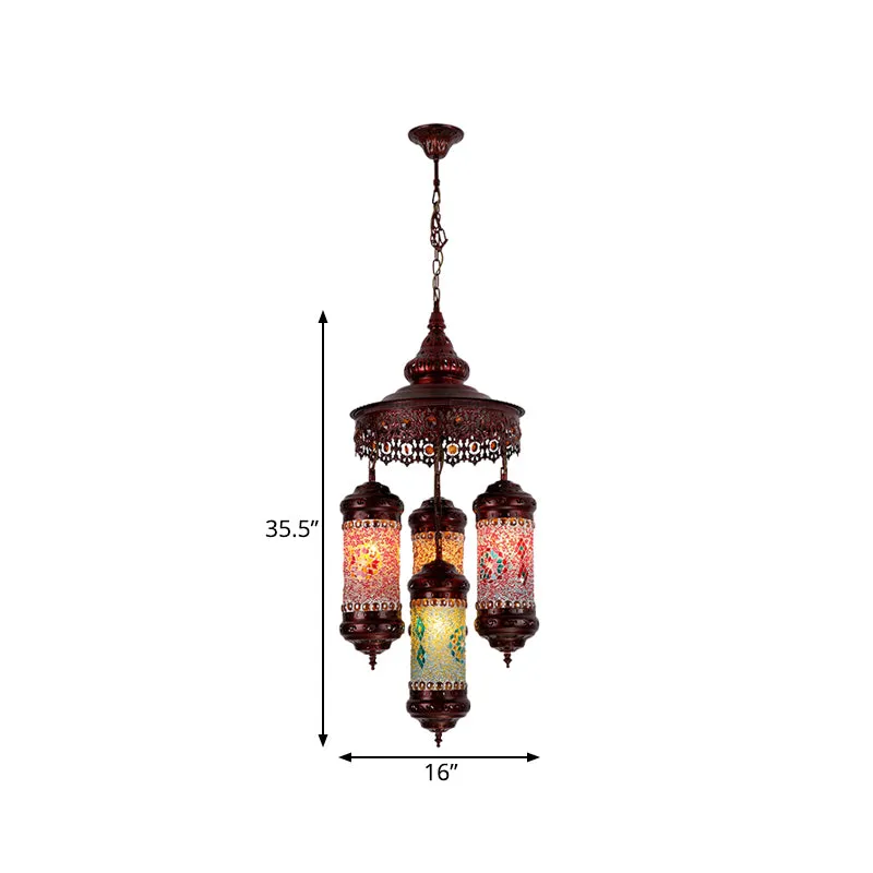 Koperen cilinder kroonluchter verlichting Art Deco glas--lood 4-lichts bar hangende hanglamp Clearhalo