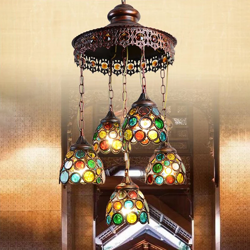 Koperen koepel hangende kroonluchter Boheems metaal 5 hoofden woonkamer hangende plafondlamp Clearhalo