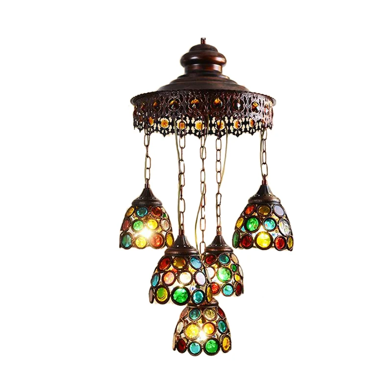 Koperen koepel hangende kroonluchter Boheems metaal 5 hoofden woonkamer hangende plafondlamp Clearhalo