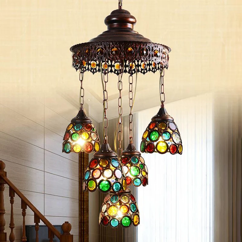 Koperen koepel hangende kroonluchter Boheems metaal 5 hoofden woonkamer hangende plafondlamp Clearhalo