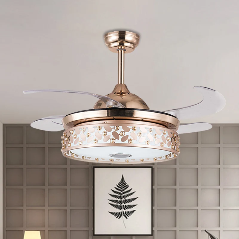 Koperen LED ronde semi-inbouwlamp Eenvoud Acryl 4-blads hangende ventilatorlamp met kristaldeco, 19" breed Clearhalo