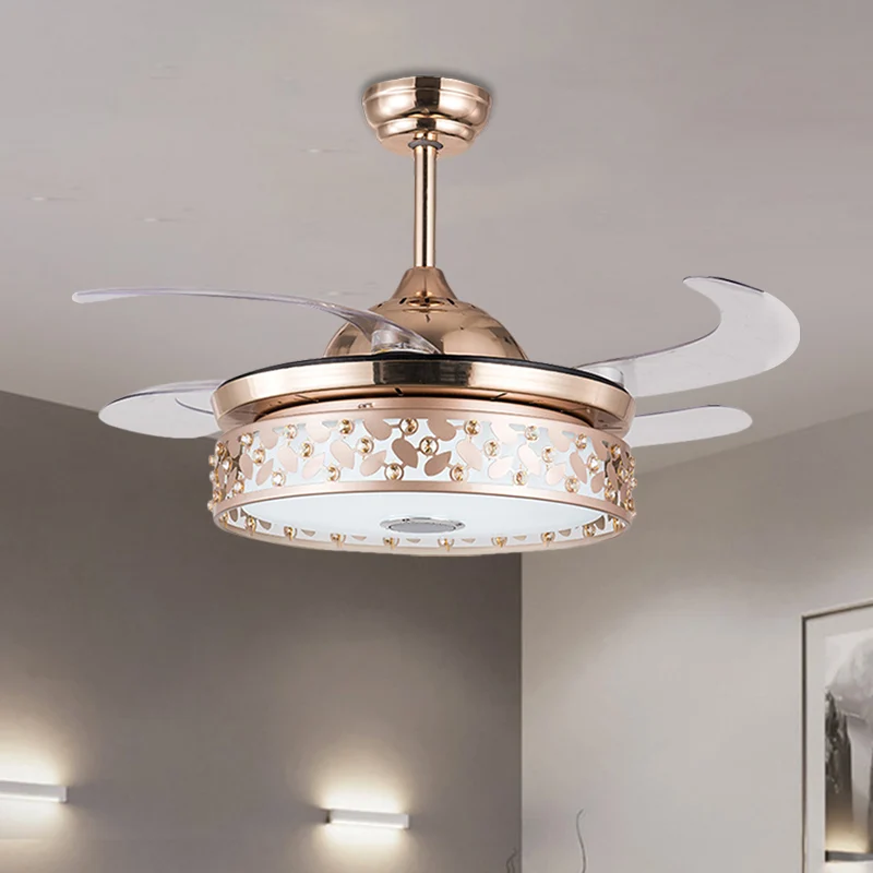 Koperen LED ronde semi-inbouwlamp Eenvoud Acryl 4-blads hangende ventilatorlamp met kristaldeco, 19" breed Clearhalo