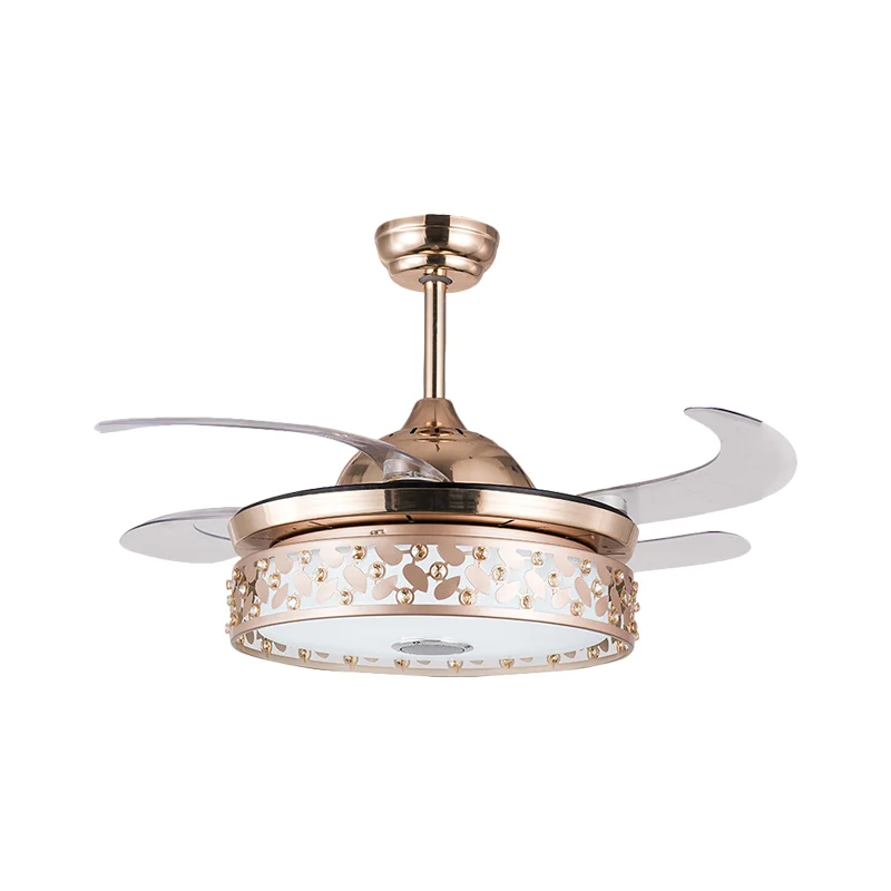 Koperen LED ronde semi-inbouwlamp Eenvoud Acryl 4-blads hangende ventilatorlamp met kristaldeco, 19" breed Clearhalo