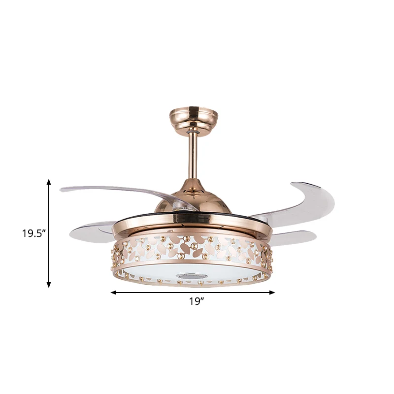 Koperen LED ronde semi-inbouwlamp Eenvoud Acryl 4-blads hangende ventilatorlamp met kristaldeco, 19" breed Clearhalo
