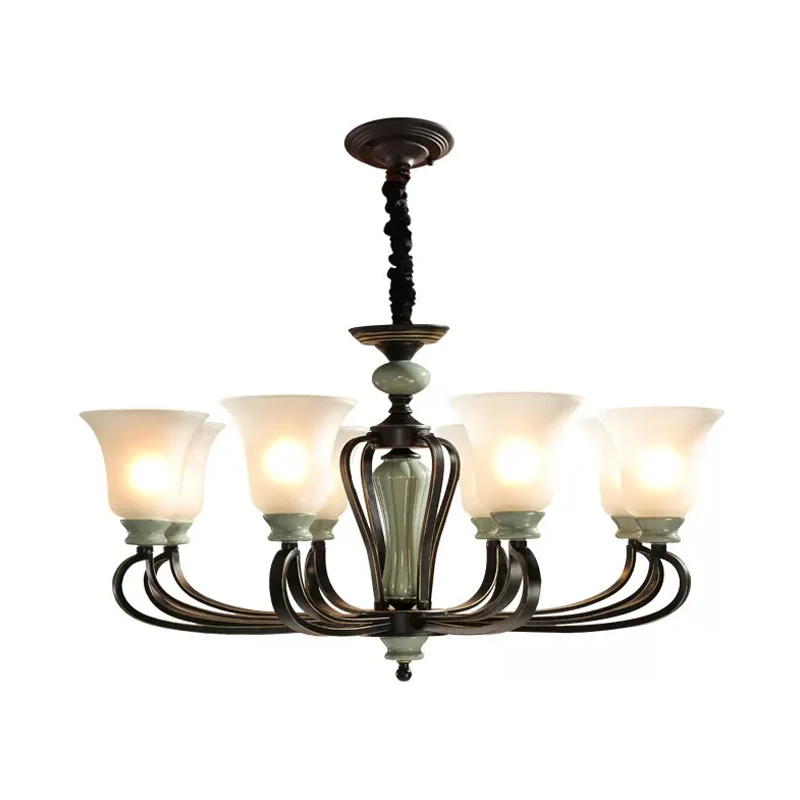 6/8 koppen matglazen kroonluchter traditionele zwarte afwerking bel woonkamer hanglampset met wervelarm Clearhalo